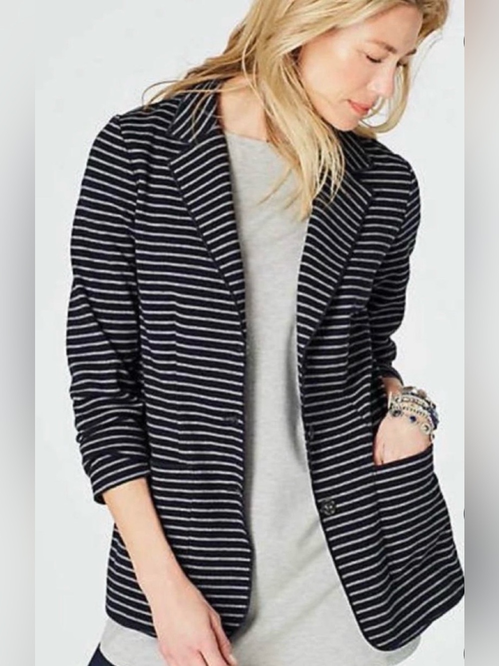 J. Jill Navy With Gray Striped Knit Cotton Blend Blazer M